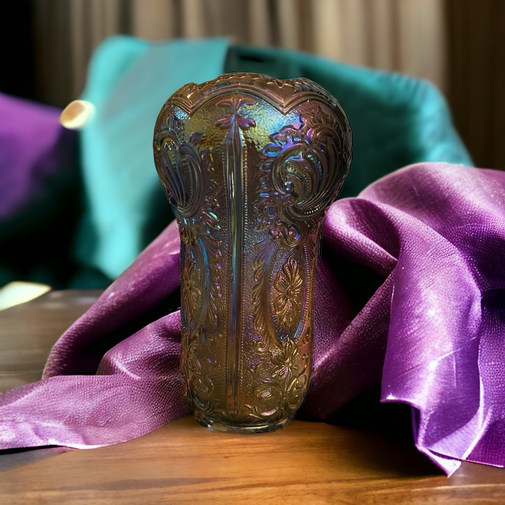 VTG Imperial Carnival Glass Scroll Flower Panels Vase Smoke Peacock 10”